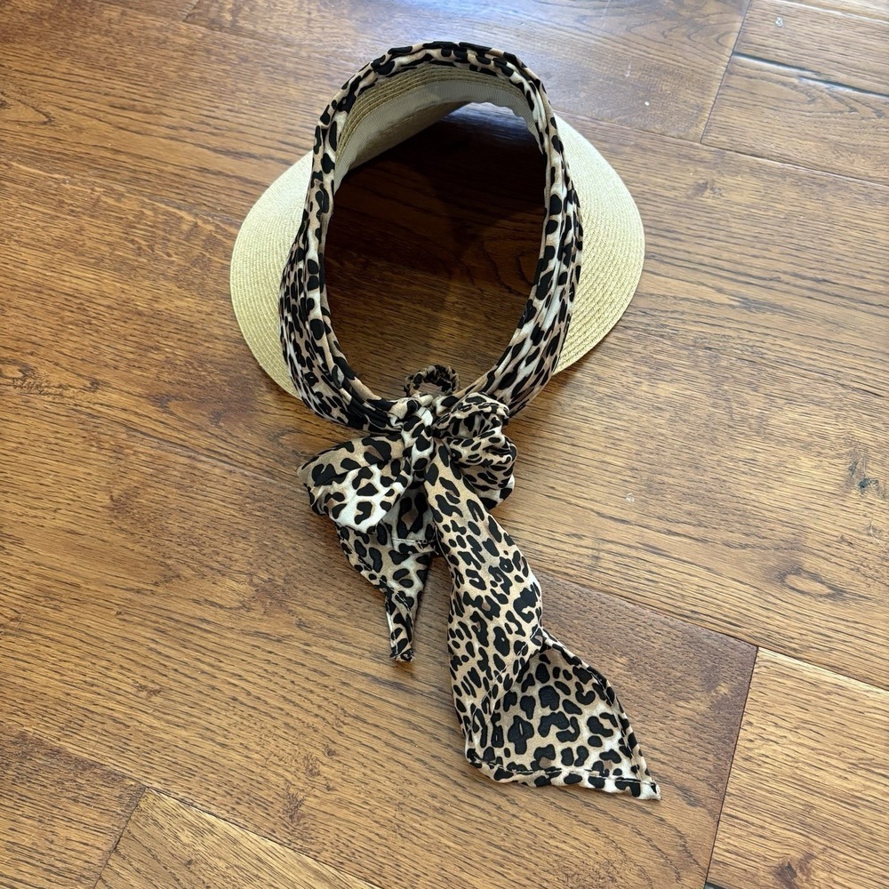 August Hat Company Straw Visor Sun Hat Animal Print Adjustable Tie Beach Travel - Picture 4 of 11